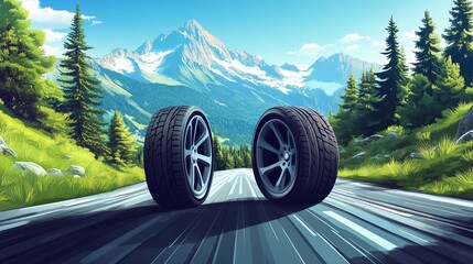 Detailed summer tire design with sleek grooves for improved grip and responsive handling on dry roads, style book illustration