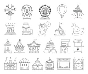 Vector Amusement Park Lineart Set of Illustrations for Entertainment and Events