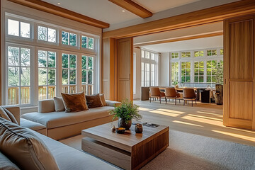 Modern living room interior design with wooden accents, large windows, and comfortable seating.