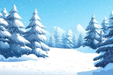 Fototapeta premium Snowy Winter Landscape with Cartoon Evergreen Trees and Falling Snow.