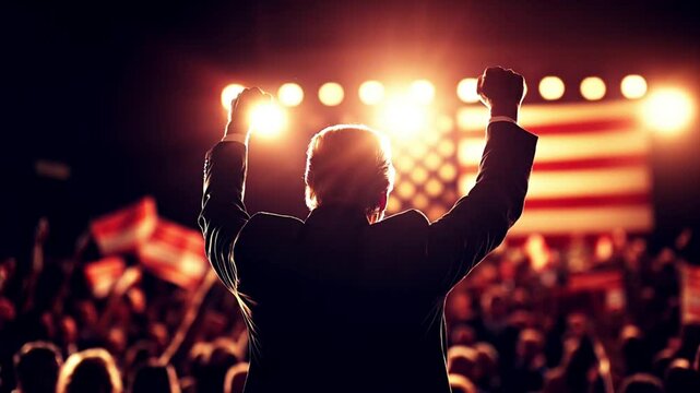 Candidate celebrating after election. Slow circular tracking shot, cinematic. Glowing lights, flying particles. 4k