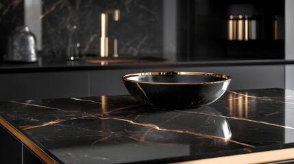 Luxurious Black Marble Kitchen Countertop with Gold Accents and Designer Bowl.