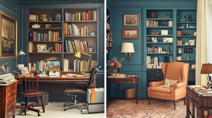 Collage comparing a cluttered office corner before and after an elegant workspace upgrade.