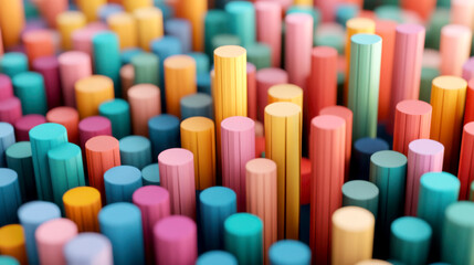 Colorful cylindrical objects arranged in an abstract pattern.