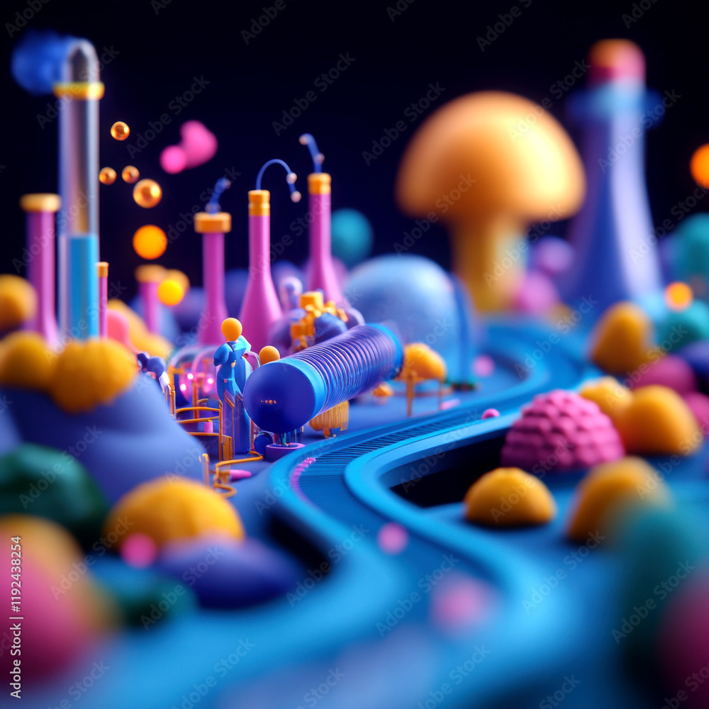 Poster vibrant abstract landscape with colorful structures and whimsical forms.