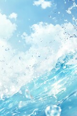 Close-up of a vibrant water wave with droplets cascading against a light blue background in high definition