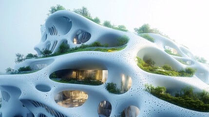 A detailed 3D depiction of a futuristic organic skyscraper with flowing, asymmetrical shapes, green terraces, and a reflective facade.