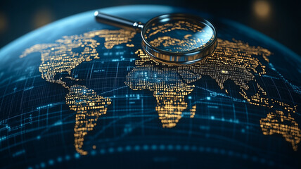 Global Perspective: A magnifying glass rests on a futuristic, data-driven world map, symbolizing global analysis, research, and interconnectedness.