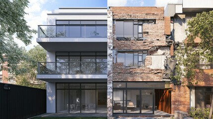 Collage featuring the transformation of an apartment balcony before and after repairs.