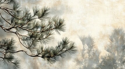 Pine Branches and Shadows on Textured Wall, Natural Abstract Background.