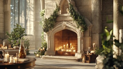 Fototapeta premium Collage showcasing an old fireplace restored to a stunning centerpiece of the room.