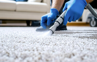Professional carpet cleaning with vacuum and spray in a cozy living room setting