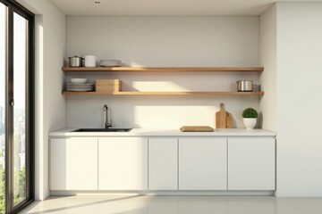 Modern minimalist kitchen design with sleek white cabinets and wooden shelves showcasing kitchenware