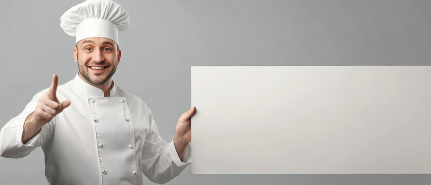 Culinary artist showcases creative space with blank banner, smiling cheerfully against a neutral gray background