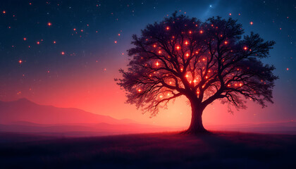 Obraz premium Enchanted Tree: Starlit Branches in a Dreamy Sunset Landscape
