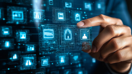 Cybersecurity Expert Interacting with Digital Interface: A close-up shot of a hand interacting with a futuristic digital interface displaying various cybersecurity icons.