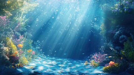 Obraz premium Enchanting Underwater Scene Sunbeams Illuminate Vibrant Coral Reef and Colorful Fish
