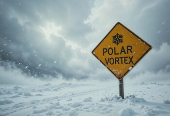 Warning sign in snowy landscape amidst a polar vortex, with swirling clouds and blowing snow.