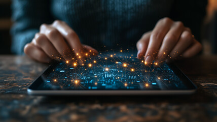 Naklejka premium Navigating the Digital Realm: A close-up image of a woman's hands interacting with a digital tablet, with a soft glow emanating from the screen.