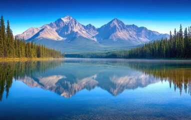 Naklejka premium Serene Mountain Lake Reflection Crystal Clear Waters and Majestic Peaks under a Deep Blue Sky.