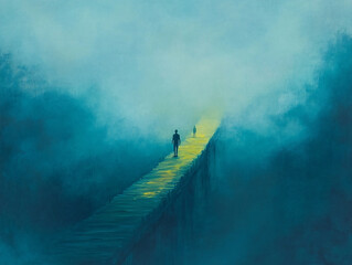 Dreamy atmospheric painting bridges helping people navigate misty blue foggy landscape silhouettes calming abstract artistic print decor art wall soft yellow vision cloud gloomy sad depress forest
