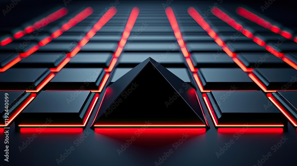 Poster Triangle abstract background concept. Futuristic pyramid on a grid of glowing tiles, emphasizing modern design and innovation.