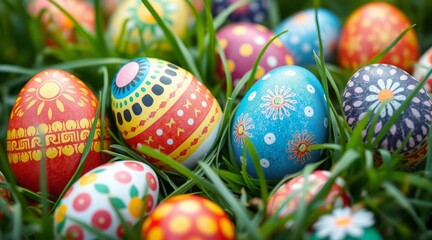 Fototapeta premium Vibrantly decorated Easter eggs with intricate patterns nestled in fresh green grass