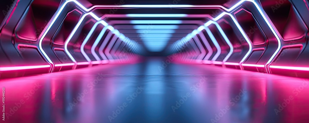Poster Blurred abstract background idea. Futuristic corridor with neon lights, sleek design and reflective floor creating a vibrant space.