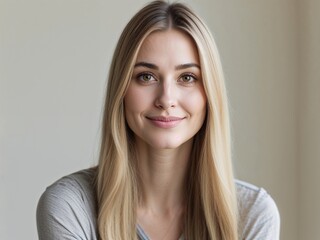 headshot of a beautiful young blonde woman with straight long hair, smiling, clean background