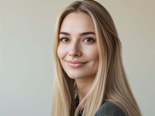 Naklejka premium headshot of a beautiful young blonde woman with straight long hair, smiling, clean background