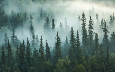 Obraz premium Misty Evergreen Forest Atmospheric View of Pine Trees in Fog.
