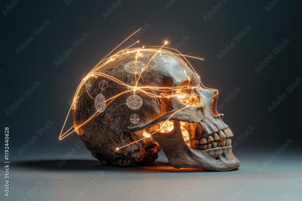 Poster skull illuminated with symbols representing knowledge and enlightenment in a dark environment