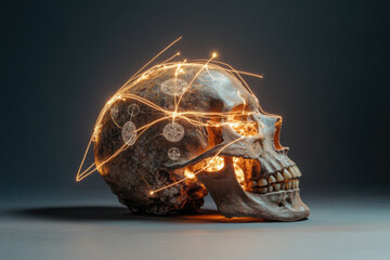 Skull illuminated with symbols representing knowledge and enlightenment in a dark environment