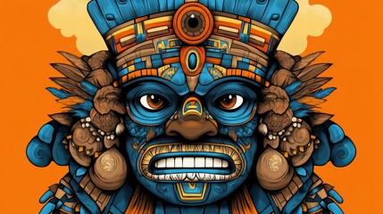 Vibrant Aztec Warrior Face Illustration with Bold Colors