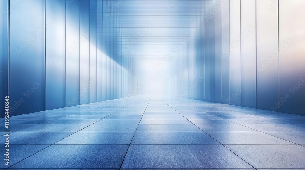 Poster blurred abstract background idea. a modern architectural hallway with reflective surfaces and soft b