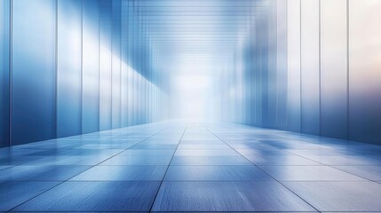Blurred abstract background idea. A modern architectural hallway with reflective surfaces and soft blue lighting.