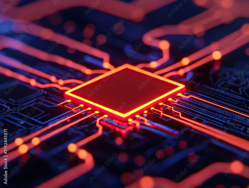 Aufkleber glowing microchip on futuristic circuit board, symbolizing advanced technology and innovation
