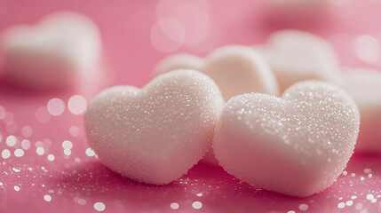 Fototapeta premium Sweet heart-shaped candies on a sparkling pink background for Valentine’s Day celebration