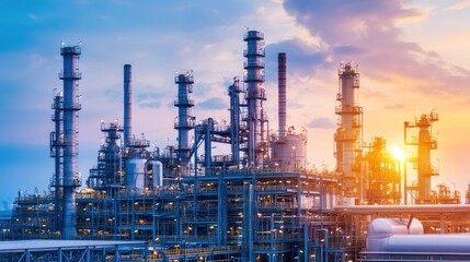 Factory complex surrounded by gray smoke under a muted sunset.