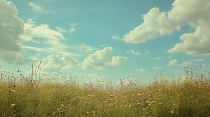 Obraz premium Meadow with Wildflowers and Cloudy Sky, Tranquil Summer Landscape.