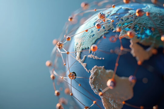 Earth depicted with interconnected nodes representing global networks across continents and oceans