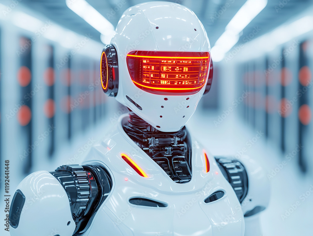 Poster futuristic humanoid robot with illuminated visor in high tech data center