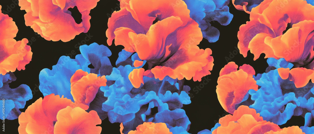 Poster Colorful abstract flower patterns on a dark background creating a vibrant design