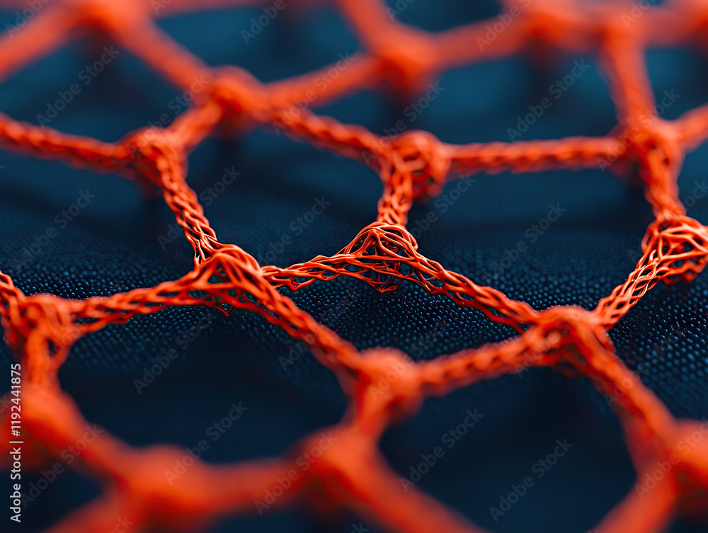 Poster close up of intricate orange wireframe structure on dark textured background, showcasing detailed pa