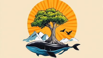 Artistic Illustration of Whale with Tree and Mountains Against Sun