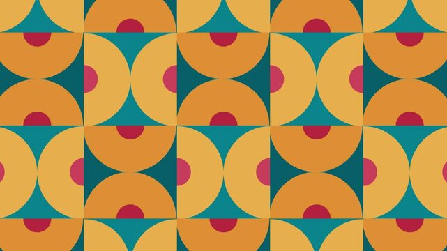 Modern seamless loop animated pattern with multicolor geometric shapes. Trendy motion graphic background in a flat design with geometric elements.