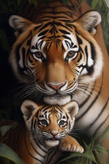 Fototapeta premium Majestic tiger and playful cub in lush green forest embrace nature's beauty and bond under soft dappled sunlight. Generative AI