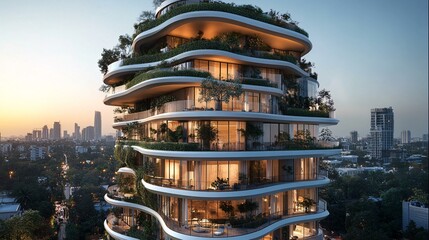 A stunning 3D rendering of a modernist organic residential tower with sinuous balconies, green facades, and panoramic views of the cityscape.