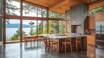 Gray kitchen design with wooden bar stools, a clean bar counter, and panoramic windows.