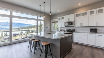 Fototapeta premium Gray kitchen design with wooden bar stools, a clean bar counter, and panoramic windows.